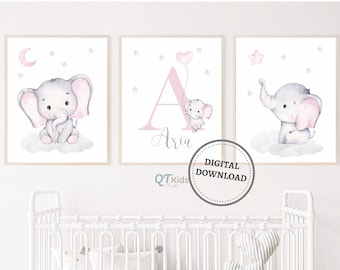 Custom Name Elephant Nursery Prints, Personalized Baby Name Prints, Girl Room Printable Wall Art, Pink Nursery Decor, DIGITAL DOWNLOAD