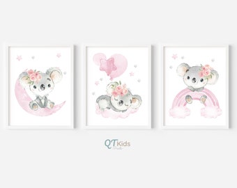 Koala Nursery Wall Art, Girl Nursery Prints, Watercolour Moon Rainbow Cloud Balloons, Pink Baby Room Decor, Koala Posters, DIGITAL DOWNLOAD
