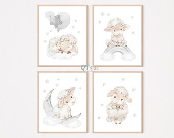 Neutral Sheep Nursery Prints, Stars Moon Sleeping Sheep Art Prints, Baby Nursery Wall Art, Watercolour Baby Animal Prints, DIGITAL DOWNLOADS