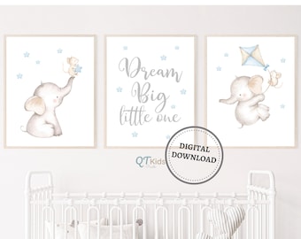 Elephant Nursery Prints, Boy Nursery Printable Wall Art, Dream Big Little One, Baby Boy Room Prints, Blue Nursery Decor, DIGITAL DOWNLOAD