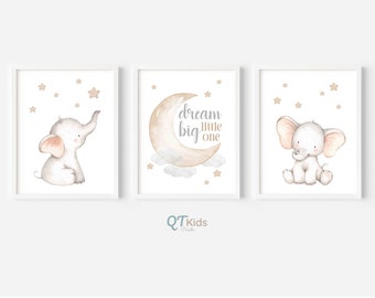 Elephant Nursery Prints, Dream Big Little One, Brown Baby Nursery Decor, Neutral Nursery Printable Wall Art, Animal Prints, DIGITAL DOWNLOAD