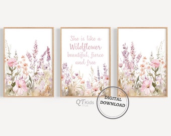 May include: Three printable wall art prints with a watercolor floral design. The middle print has the text "She is like a Wildflower beautiful, fierce and free".