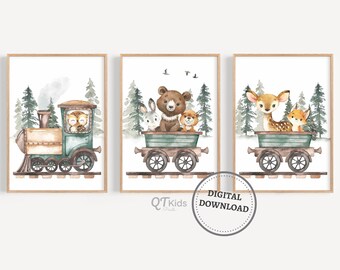 Woodland Animal Printable Wall Art, Green Train Prints, Boy Nursery Decor, Forest Animal Posters, Playroom Wall Art Decor, DIGITAL DOWNLOAD