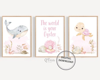 Pink Sea Animal Nursery Prints, Ocean Animal Printable Wall Art, World is Your Oyster Print, Under the Sea Nursery Decor, DIGITAL DOWNLOAD