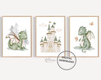 Dragon Nursery Prints, Boy Room Printable Wall Art, Playroom Wall Decor, Green Dragon Kids Room Prints, Fairytale Nursery, DIGITAL DOWNLOAD