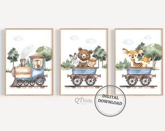 Woodland Nursery Prints, Blue Train Animal Wall Art, Boy Nursery Decor, Forest Animal Posters, Woodland Playroom Wall Art, DIGITAL DOWNLOAD