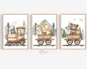 Woodland Nursery Prints, Blue Train Animal Wall Art, Boy Nursery Decor, Forest Animal Posters, Woodland Playroom Wall Art, DIGITAL DOWNLOAD