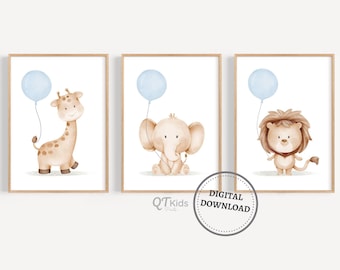 Safari Animals Blue Balloon Prints, Boy Nursery Printable Wall Art, Blue Baby Room Decor, Giraffe Elephant Lion Posters, DIGITAL DOWNLOAD