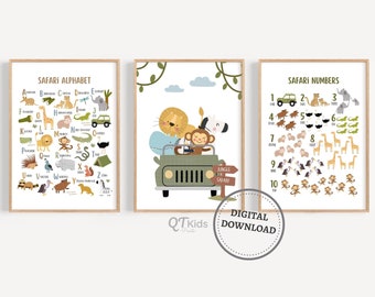 Safari Alfabet Nummers Prints, ABC Poster, Nummers 1-10, Pre-school Learning Posters, Speelkamer Muur Decor, Kwekerij Prints DIGITALE DOWNLOAD