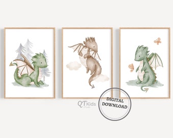 Dragon Nursery Prints, Boy Room Printable Wall Art, Playroom Wall Decor, Green Dragon Kids Room Prints, Fairytale Nursery, DIGITAL DOWNLOAD