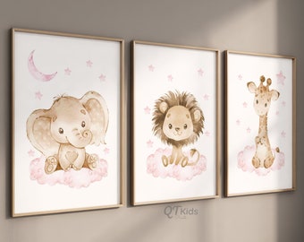 May include: Three framed watercolor prints featuring a brown elephant, lion, and giraffe on pink clouds with pink stars. The elephant is holding a heart. The lion is smiling. The giraffe is standing tall. The prints are perfect for a nursery or child's room.