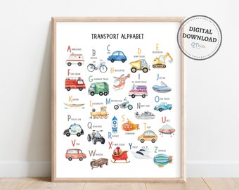 Impresión del alfabeto de transporte, póster de transporte, póster del abecedario de coches, arte de pared para sala de juegos de niños, decoración de guardería para niños, impresión de vehículos para niños, descarga digital