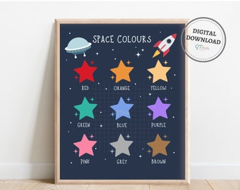 Space Colours Print, Toddler Playroom Printable Wall Art, Nursery Poster, Montessori Homeschool Decor, Learning Poster, DIGITAL DOWNLOAD