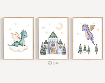 Impressão de berçário de dragão bebê, arte de parede para impressão de quarto de menino, decoração de dragão de sala de jogos, decoração de quarto infantil de conto de fadas de castelo, conjunto de 3 DOWNLOAD DIGITAL