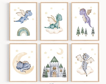 Impressões de berçário de dragões bebês, arte de parede para impressão de quarto de menino, decoração de parede de sala de jogos, decoração de quarto infantil de conto de fadas de castelo, DOWNLOAD DIGITAL de arco-íris