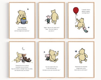 May include: Six Winnie the Pooh themed printable wall art prints with quotes from the book. The prints feature Winnie the Pooh and Piglet in various scenes. The quotes include: "The things that make me different are the things that make me", "How do you spell love? You don't spell it, you feel it", "I wonder what's going to happen exciting today?", "Promise me you'll always remember you are braver than you believe, stronger than you seem, and smarter than you think", "Any day spent with you is my favourite day. So today is my new favourite day", "Sometimes the smallest things take up the most room in your heart."