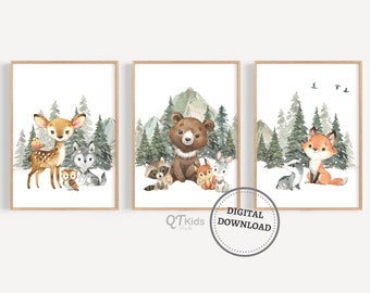 Woodland Nursery Prints, Woodland Nursery Decor, Gender Neutral Set of 3 Woodland Animal Posters, Baby Animal Wall Art, DIGITAL DOWNLOAD