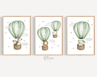 Safari Tier Drucke, Heißluftballons Druckbare Wandkunst, Junge Kinderzimmer Drucke, Tier in Luftballons, Spielzimmer Dekor, DIGITALER DOWNLOAD