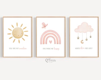 Conjunto de impressão para quarto de bebê de menina, arco-íris de nuvens e sol, você é meu raio de sol, decoração rosa para quarto de menina, arte de parede para impressão para quarto de bebê, download digital