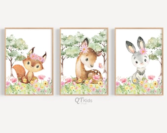 Woodland Animal Prints, Girl Nursery Room Prints, Pink Yellow Wildflowers, Forest Animal Prints, Baby Animals Wall Art, DIGITAL DOWNLOAD