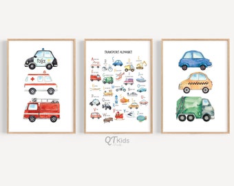 May include: Three watercolor illustrations of vehicles. The left image shows a police car, ambulance, and fire truck. The middle image is an alphabet chart with each letter of the alphabet paired with a different vehicle. The right image shows a blue car, a yellow taxi, and a green garbage truck.
