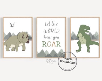 Dinosaur Kids Room Prints, Set of 3 Dino Posters, Boy Room Printable Wall Art, Playroom Dino Decor, Boy Nursery Dino Decor, DIGITAL DOWNLOAD