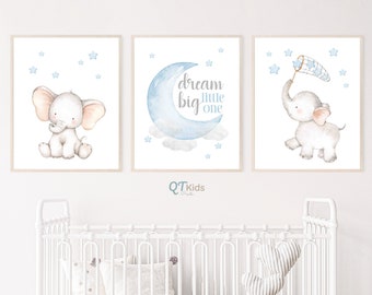 Elephant Nursery Prints, Dream Big Little One, Blue Baby Nursery Decor, Safari Animal Prints, Boy Room Printable Wall Art, DIGITAL DOWNLOAD