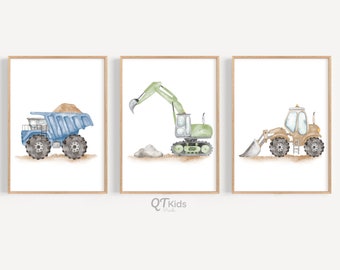 Watercolour Construction Trucks Prints, Construction Nursery Decor, Boy Room Wall Art, Playroom Truck Vehicles Posters,  DIGITAL DOWNLOAD