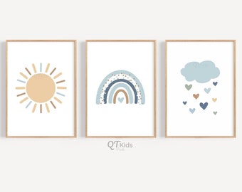 Sun Cloud Rainbow Hearts-afdrukken, afdrukbare muurkunst jongenskamer, speelkamer kunst aan de muur, set van 3 boho-jongens kinderkamerafdrukken, digitale DOWNLOAD