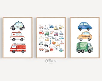 Láminas del alfabeto de transporte, juego de 3 láminas ABC de vehículos, arte de pared para sala de juegos infantil, decoración para habitación infantil, juego de láminas para aula, DESCARGA DIGITAL