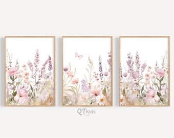Estampas florais para berçário, arte de parede para quarto de menina, flores rosa-púrpura claras, buquês de flores em aquarela, estampas de flores silvestres, DOWNLOAD DIGITAL