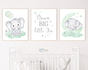 Baby Elephant Nursery Prints, Dream Big Little One, Kids Room Wall Decor, Gender Neutral Nursery Posters, Green Nursery DIGITAL DOWNLOAD