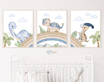 Impresiones de dinosaurios, arte de pared imprimible de dinosaurios en acuarela, impresiones de salas de juegos, decoración de guardería para niños de color marrón azul, carteles de habitaciones para niños, DESCARGA DIGITAL