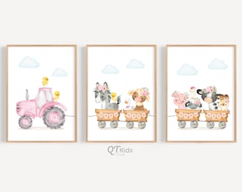 Farm Nursery Prints, Farm Animal Art Prints, Floral Girl Room Wall Art, Pink Flowers, Barn Yard Animals, Tractor Prints, DIGITAL DOWNLOAD