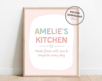 Kitchen Playroom Prints, Personalized Name, Pretend Play Kitchen Printable Wall Art, Pink Pastel Kids Playroom Wall Art, DIGITAL DOWNLOAD