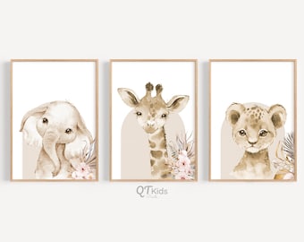 Imprimés animaliers safari, éléphant lion girafe, chambre de bébé fille bohème beige, décoration de salle de jeux chambre d'enfant, imprimés animaliers de la jungle, téléchargement numérique