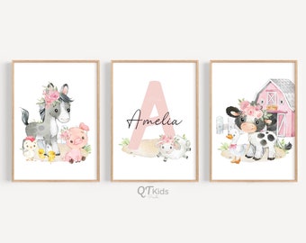 Personalized Farm Animal Nursery Prints, Pink Barn Cow Sheep Horse Pig Flowers Posters, Girl Name Barn Yard Playroom decor, DIGITAL DOWNLOAD