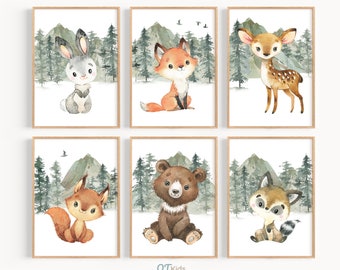 May include: Set of six watercolor illustrations featuring woodland animals, including a fox, deer, rabbit, bear, raccoon, and squirrel. Each animal is depicted in a whimsical style against a backdrop of mountains and trees.