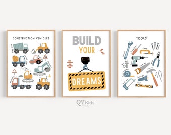 Impresiones de construcción, Camiones de herramientas Construye tus sueños, Decoración de sala de juegos para niños pequeños, Pósteres educativos Montessori Home School, DESCARGA DIGITAL