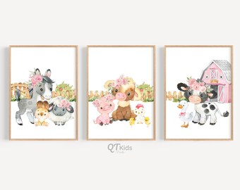 Farm Animal Prints, Farm Nursery Printable Wall Art, Pink Barn, Cow Sheep Horse Pig Posters, Girl Barn Yard Playroom decor, DIGITAL DOWNLOAD