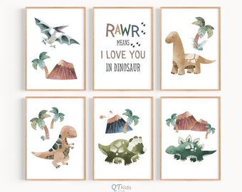 Dinosaur Prints for Kids Room, Dinosaur Nursery Wall Art, Dino Nursery Prints, Earth Tone Dinosaur Wall Art, Boy Room Print DIGITAL DOWNLOAD