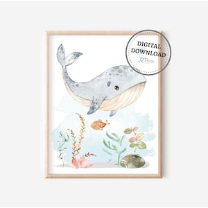 Impressão de berçário de baleia, arte de parede para impressão de quarto infantil subaquático, decoração de sala de jogos oceânica, decoração náutica para berçário, animal marinho, DOWNLOAD DIGITAL
