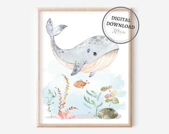 Whale Nursery Print, Under the Sea Kids Room Printable Wall Art, Ocean Playroom Decor, Nautical Nursery Decor, Sea Animal DIGITAL DOWNLOAD