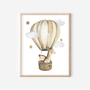 Safari Animals in Hot Air Balloons, Boy Nursery Prints, Jungle Animal Printable Wall Art, Boho Playroom Wall Decor, DIGITAL DOWNLOAD