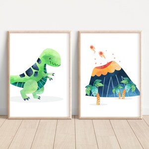 May include: Two watercolor illustrations, one of a green dinosaur and the other of a blue volcano with palm trees and orange lava.