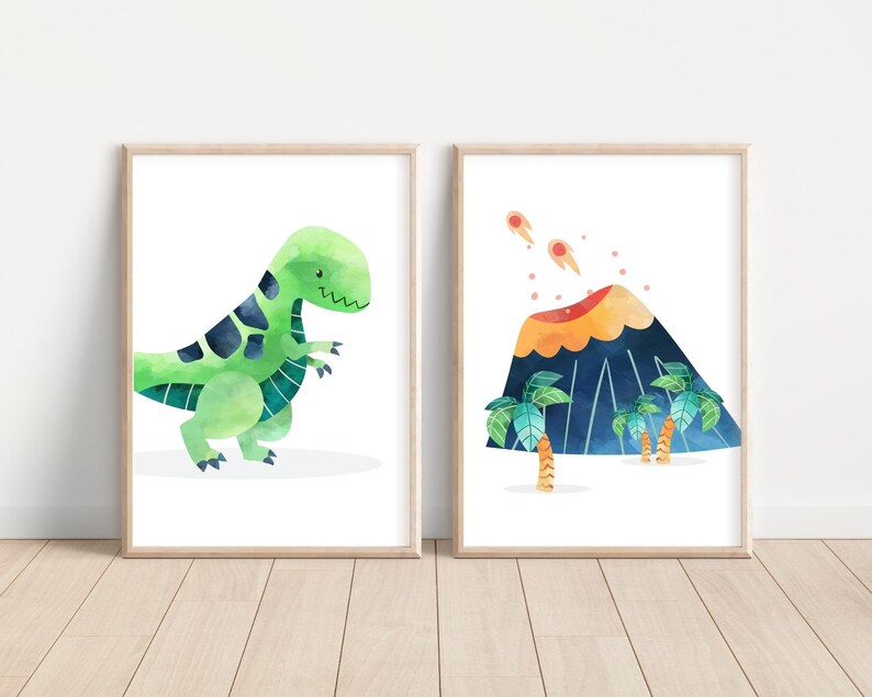 May include: Two watercolor illustrations, one of a green dinosaur and the other of a blue volcano with palm trees and orange lava.