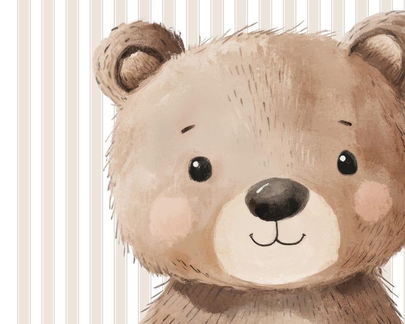 Puede incluir: Ilustraci&oacute;n en acuarela de la cara de un oso de peluche, con una paleta de colores marr&oacute;n y beige. El oso tiene una nariz negra, ojos negros peque&ntilde;os y mejillas rosadas. El fondo tiene rayas verticales beige.