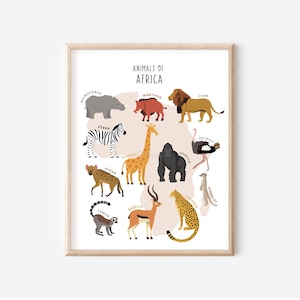 Tiere Afrikas, pädagogisches Printable, Klassenzimmer Poster, Montessori Drucke, Spielzimmer Tiere Dekor, Animal Map Print, DIGITAL DOWNLOAD