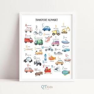 May include: A colorful alphabet chart featuring various modes of transportation, including an ambulance, bicycle, car, dump truck, excavator, fire engine, garbage truck, helicopter, ice cream truck, jet ski, kayak, locomotive, motorcycle, navy ship, old truck, police car, quad bike, rocket, submarine, taxi, UFO, van, wagon, Xmas sleigh, yacht, and a zeppelin. The chart is titled "Transport Alphabet".