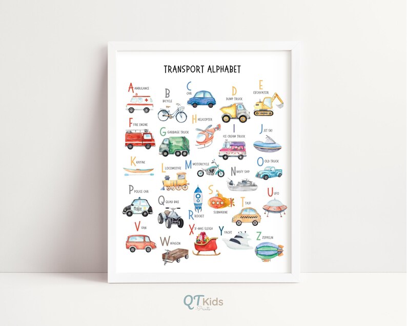 May include: A colorful alphabet chart featuring various modes of transportation, including an ambulance, bicycle, car, dump truck, excavator, fire engine, garbage truck, helicopter, ice cream truck, jet ski, kayak, locomotive, motorcycle, navy ship, old truck, police car, quad bike, rocket, submarine, taxi, UFO, van, wagon, Xmas sleigh, yacht, and a zeppelin. The chart is titled "Transport Alphabet".
